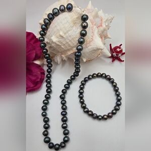 Black Pearl Necklace & Bracelet Set Baroque Approx 8.25mm Hand Knotted